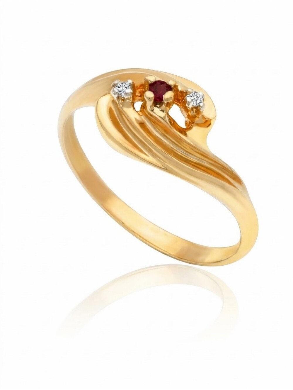 Vintage 14K Gold Natural Ruby Diamond Bypass Wave Ring Old Money NOS